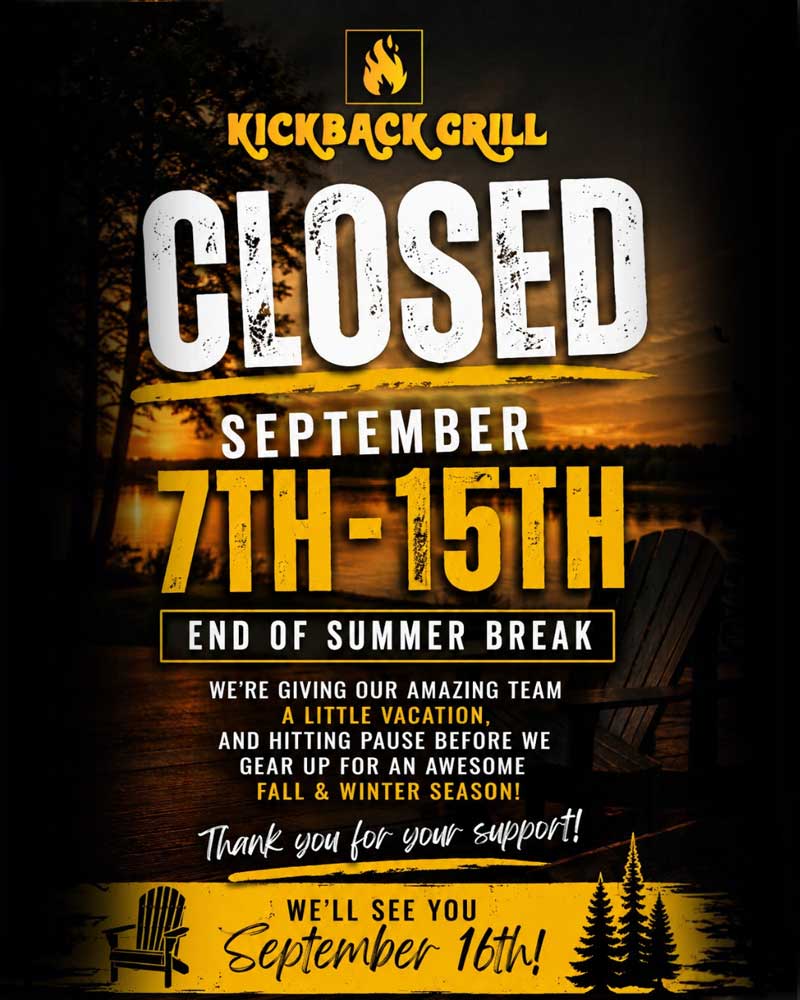 Kickback Grill closed september 7-15 2026